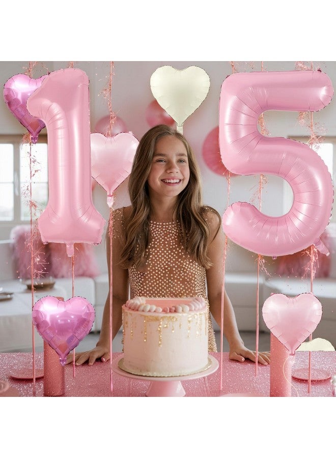 Biapian 40 Inch Pastel Pink 15 Balloons, Large Light Pink 15 Balloon Number with Pearl Baby Pink Cream Foil Heart Balloons for Girls 15th Birthday Party Baby Shower Anniversary Princess Party Decorations - Image 5