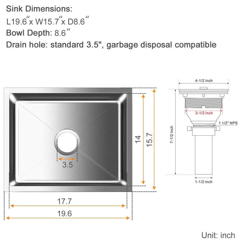 ROVATE 19.6 inch Kitchen or Bar Sink 304 Stainless Steel Undermount Single Bowl, Handmade Small Wet Bar Sink, 19.6"L x 15.7"W x 8.6"D - Image 3