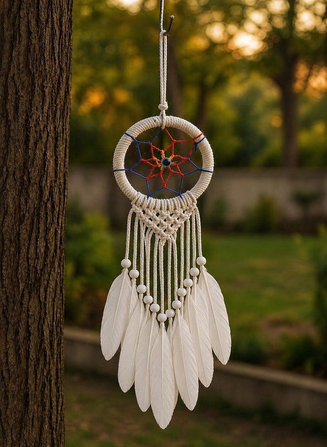ThincAmaxe Evil Eye 3 Inch Dream Catcher for Wall Hanging – Handmade Macrame Decor with Feathers | Boho Wall Decor for Bedroom, Living Room, Office | Spiritual Protection Gift (White Rainbow) - Image 1
