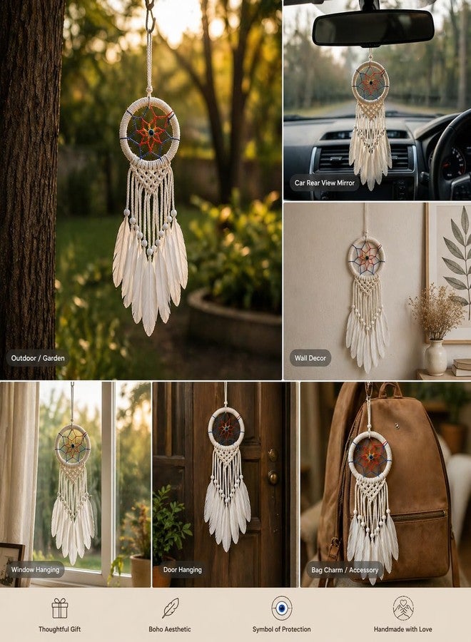 ThincAmaxe Evil Eye 3 Inch Dream Catcher for Wall Hanging – Handmade Macrame Decor with Feathers | Boho Wall Decor for Bedroom, Living Room, Office | Spiritual Protection Gift (White Rainbow) - Image 3