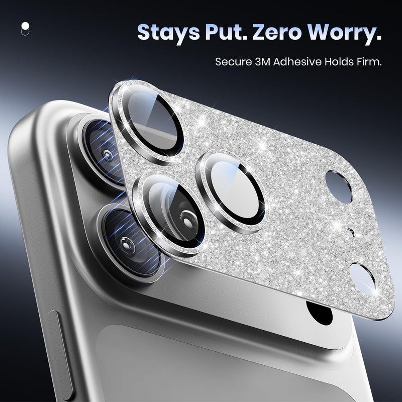Hoerrye for iPhone 17 Pro Camera Lens Protector - [12FT Shatterproof Military Grade] [Strong Adsorption] Metal Top 9H+ Tempered Glass Camera Screen Full Cover Case Friendly,Glitter Silver - Image 5