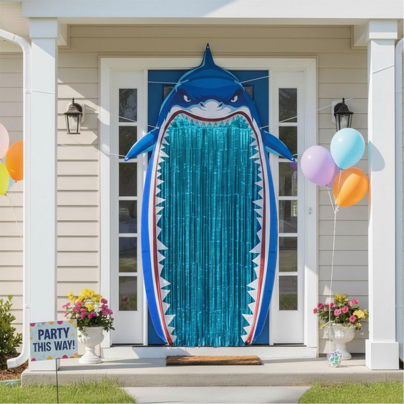Bafeil Shark Party Door Banner Decorations with Blue Foil Fringe Curtains â€“ Ocean Theme Hanging Wall Decor for Entryway, Photo Backdrop & Event Venue Styling - Image 1
