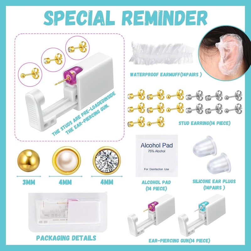 Kenning 14 Set Ear Piercing Kit Disposable Ear Cartilage Piercing Gun Kit with Studs Includes 14 Self Piercings Gun 14 Earrings Stud Hoop Earrings 14 Cleaning Pads - Image 2