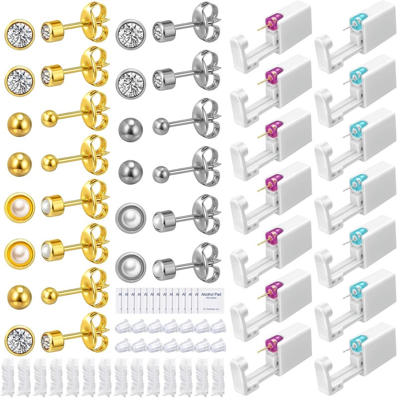 Kenning 14 Set Ear Piercing Kit Disposable Ear Cartilage Piercing Gun Kit with Studs Includes 14 Self Piercings Gun 14 Earrings Stud Hoop Earrings 14 Cleaning Pads - Image 1
