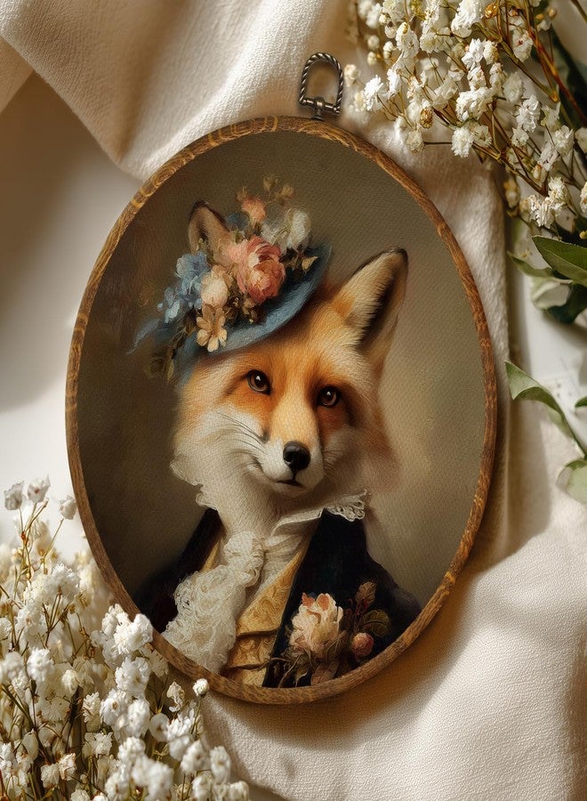 LANBAIHE Vintage Fox Wall Art Decor 10x10 Inch Framed - Funny Animal Dark Moody Gothic Decor, Victorian Fox Lady Portrait Circular Wall Art for Home Living Room, Neutral Retro Artwork (Regalia-Fox) - Image 4