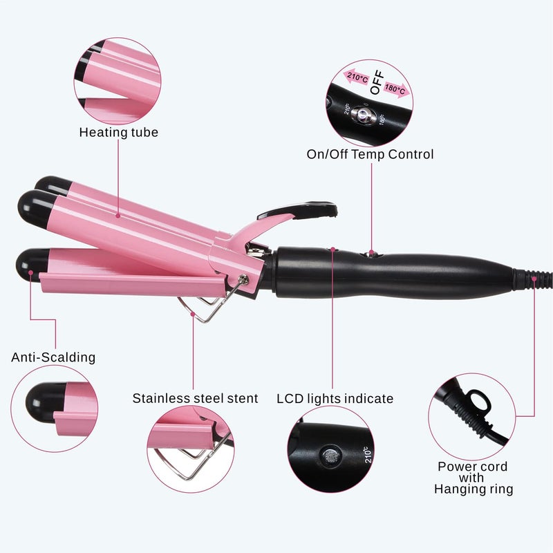TOP4EVER 3 Barrel Curling Iron, 1 inch Crimper Hair Tool,Crimping Waver for Women Beach Waves with Two Temperature Settings, Pink - Image 3