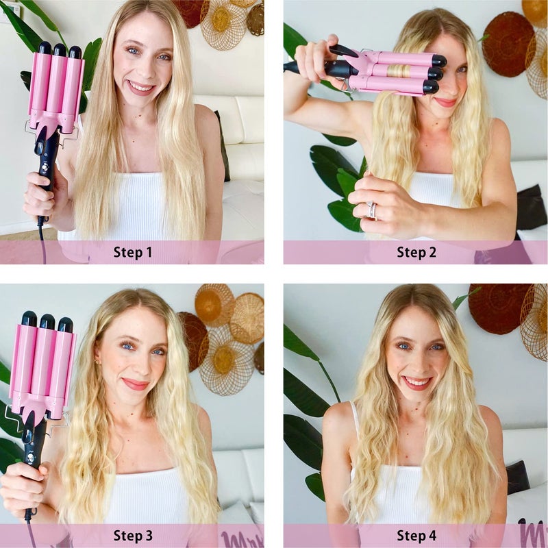 TOP4EVER 3 Barrel Curling Iron, 1 inch Crimper Hair Tool,Crimping Waver for Women Beach Waves with Two Temperature Settings, Pink - Image 4