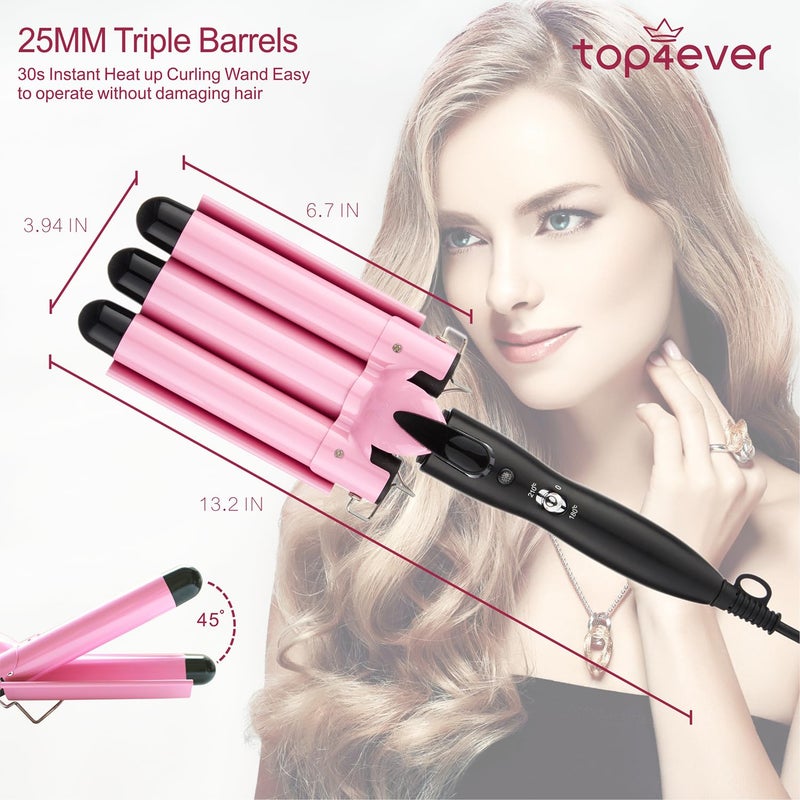 TOP4EVER 3 Barrel Curling Iron, 1 inch Crimper Hair Tool,Crimping Waver for Women Beach Waves with Two Temperature Settings, Pink - Image 2