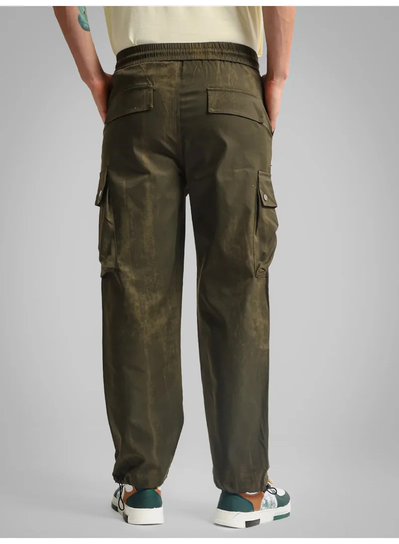 مانياك Maniac Mens AOP Printed Green Cotton Blend Baggy Cargo Pant