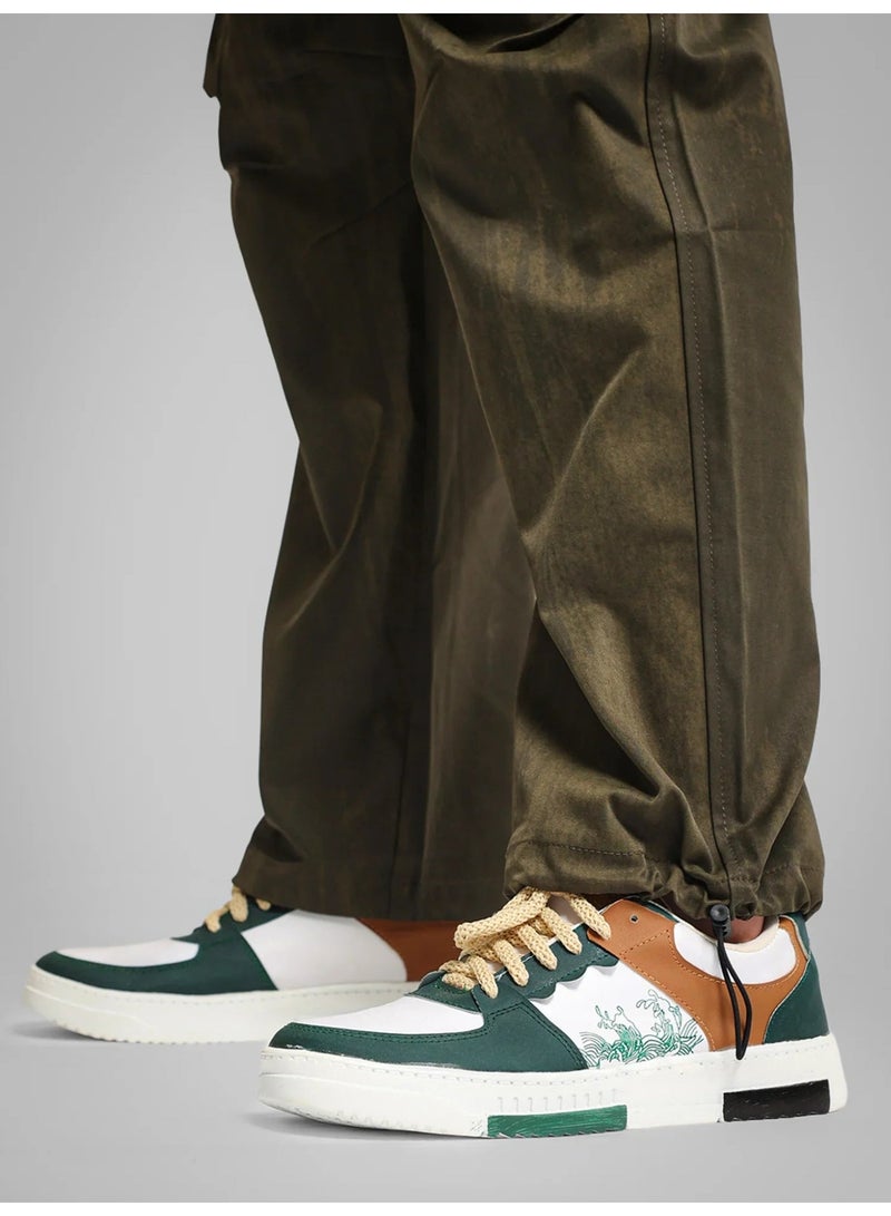 Maniac Mens AOP Printed Green Cotton Blend Baggy Cargo Pant - Image 4