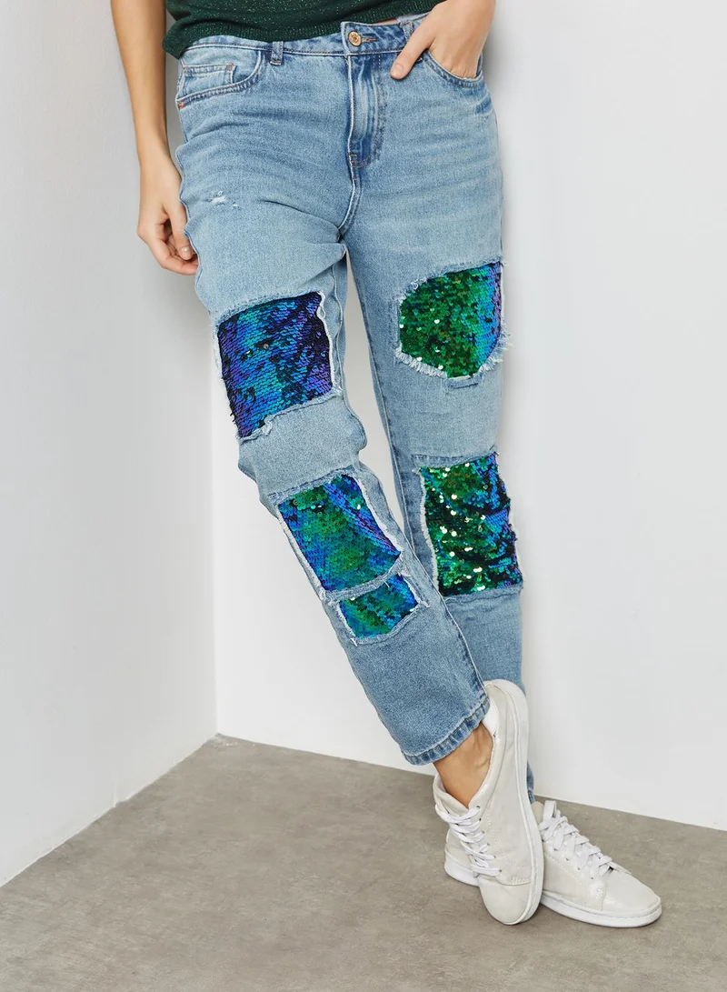 ONLY Sequin Patches Skinny Jeans