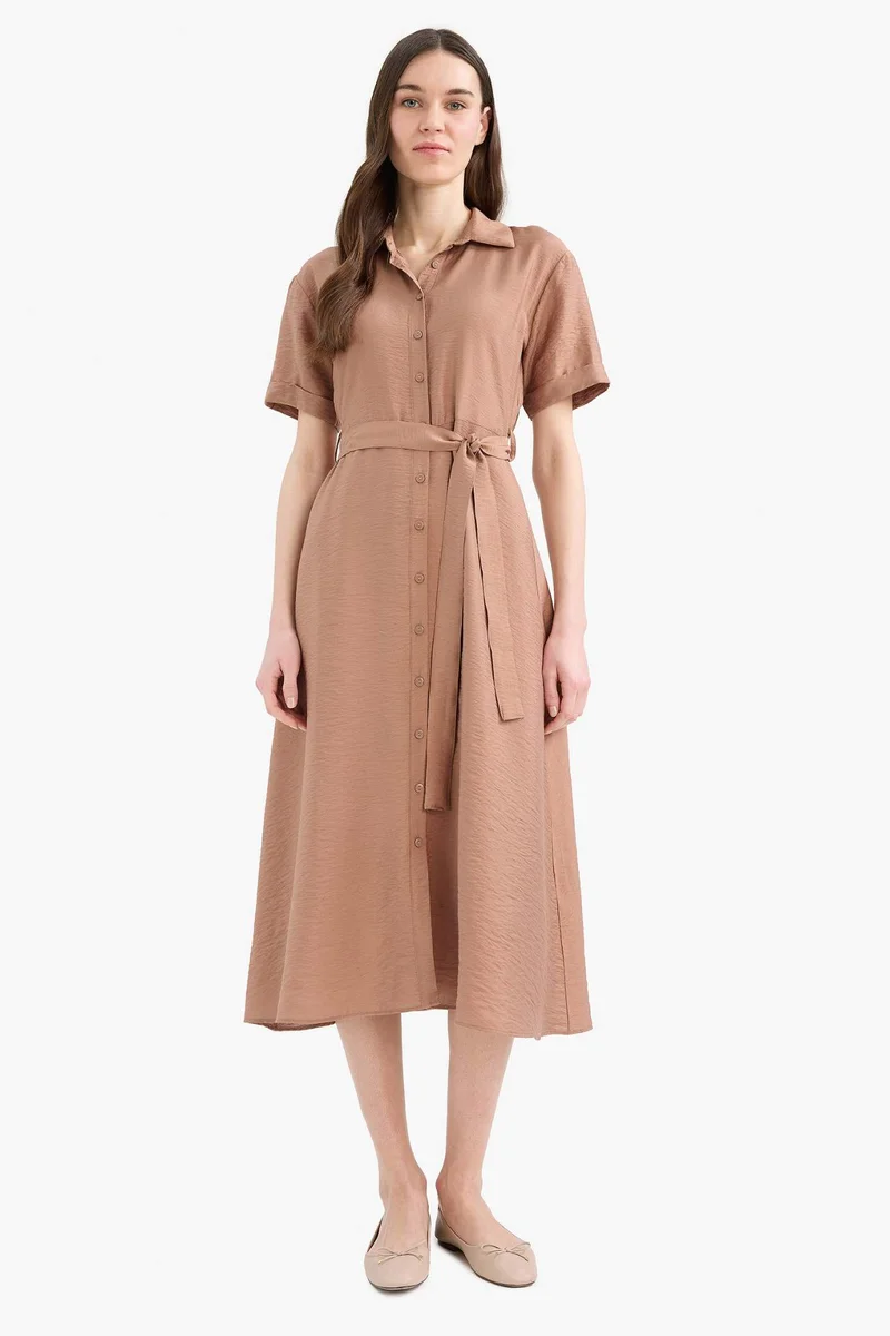 DeFacto Regular Fit Belted Short Sleeve Maxi Dress