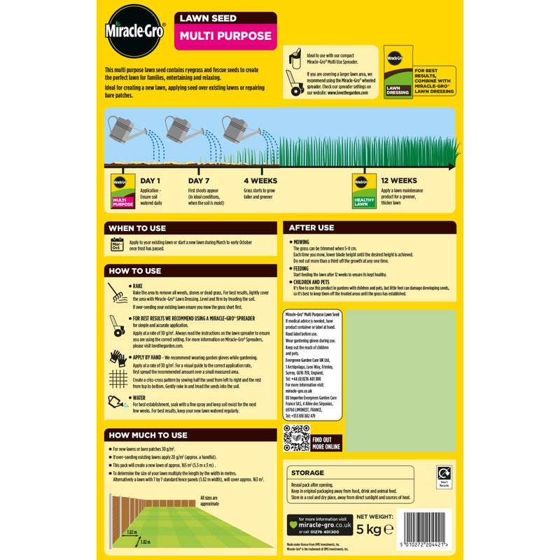 Miracle-Gro Multi Purpose Lawn Seed, Child & Pet Friendly, Coverage 165m2, 5kg Bag - Image 2
