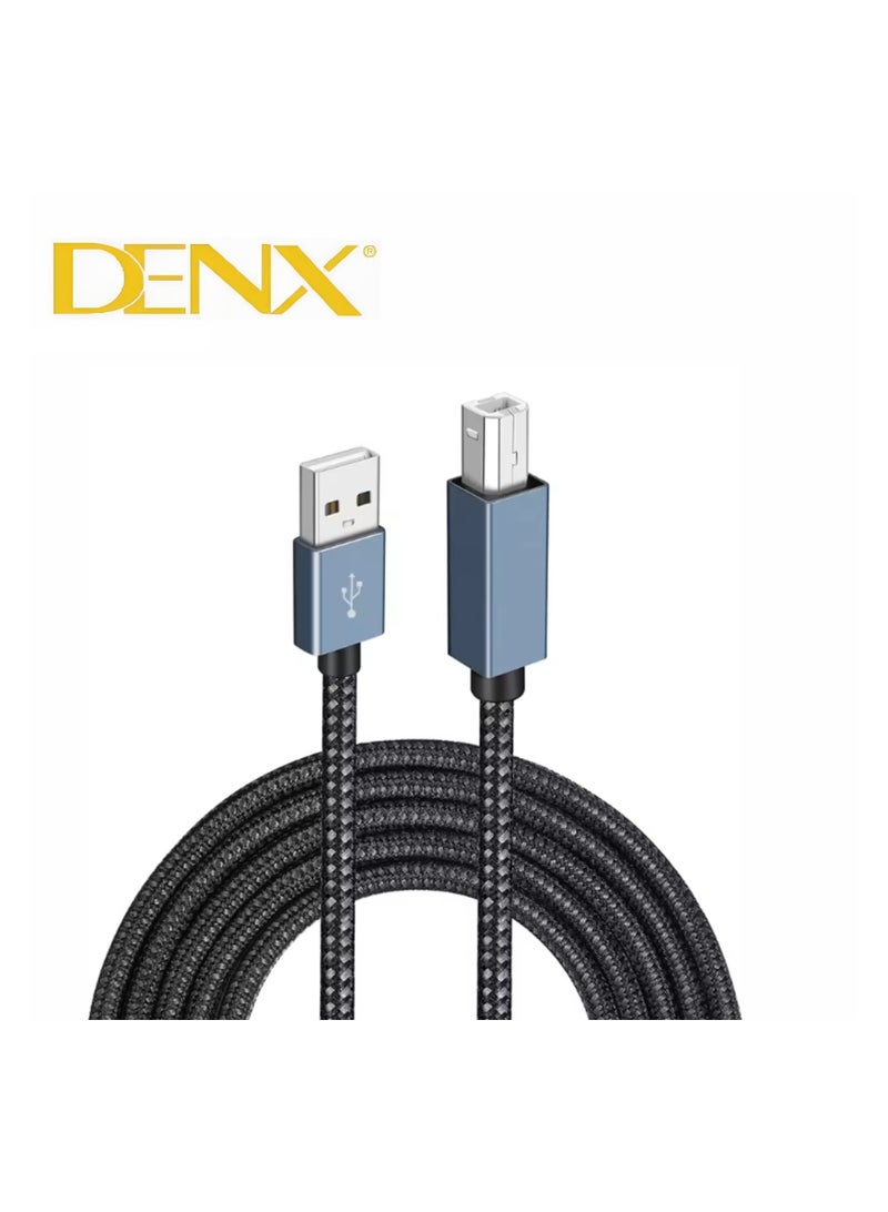 DENX DX037 High-Speed USB-A to USB-B Printer Cable – 2M Length, 4.2mm Thickness, Braided Aluminum Shielding 