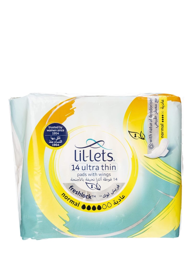 Lil-Lets Freshlock Normal Towel Pads Ultra Thin with Wings Natural Deodorizer Super Soft Cotton Feel Leak Proof Protection Fragrance Free 14 Pads