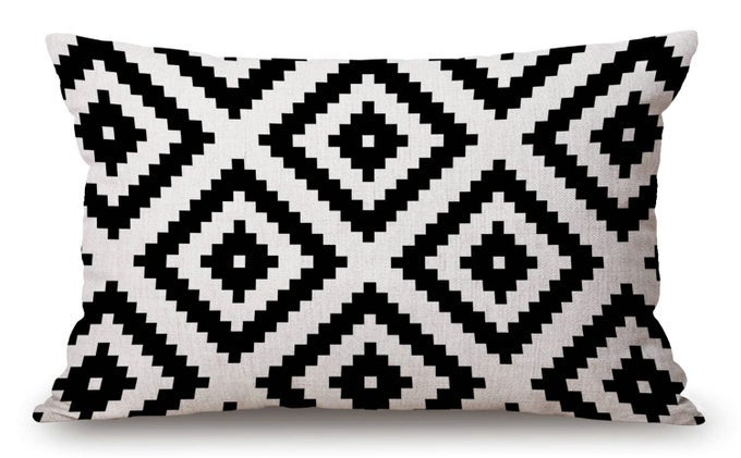 BLACK AND WHITE WAIST LUMBAR COTTON LINEN THROW PILLOW CASE CUSHION COVER FOR SOFA HOME DECORATIVE OBLONG 12X20 INCHES