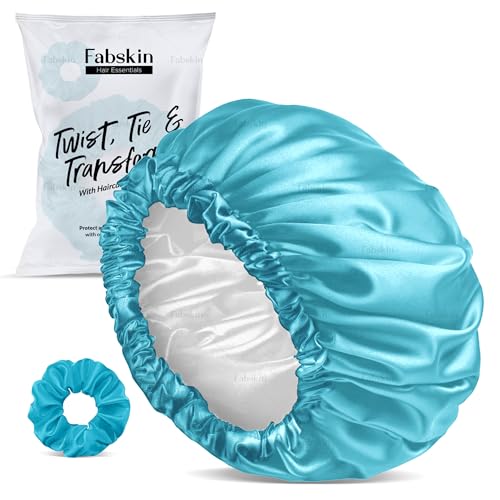 FABSKIN Luxury Satin Silk Hair Hair Bonnet Cap for Sleeping with Satin Scrunchie | For Women & Girls | For Curly & All Hair Types (SKY BLUE) - Image 1