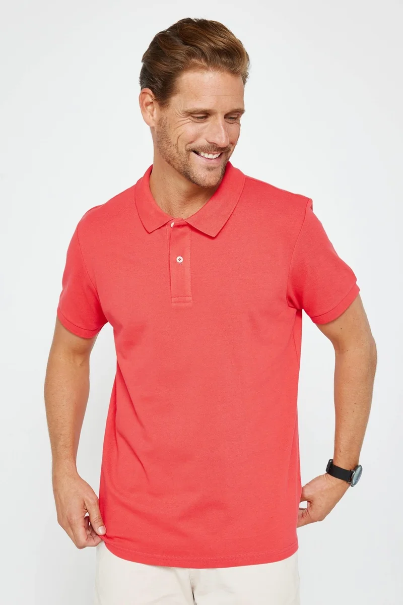 Tudors Men's Slim Fit Narrow Cut Cotton Plain Pique Pomegranate Color Polo Collar T-Shirt