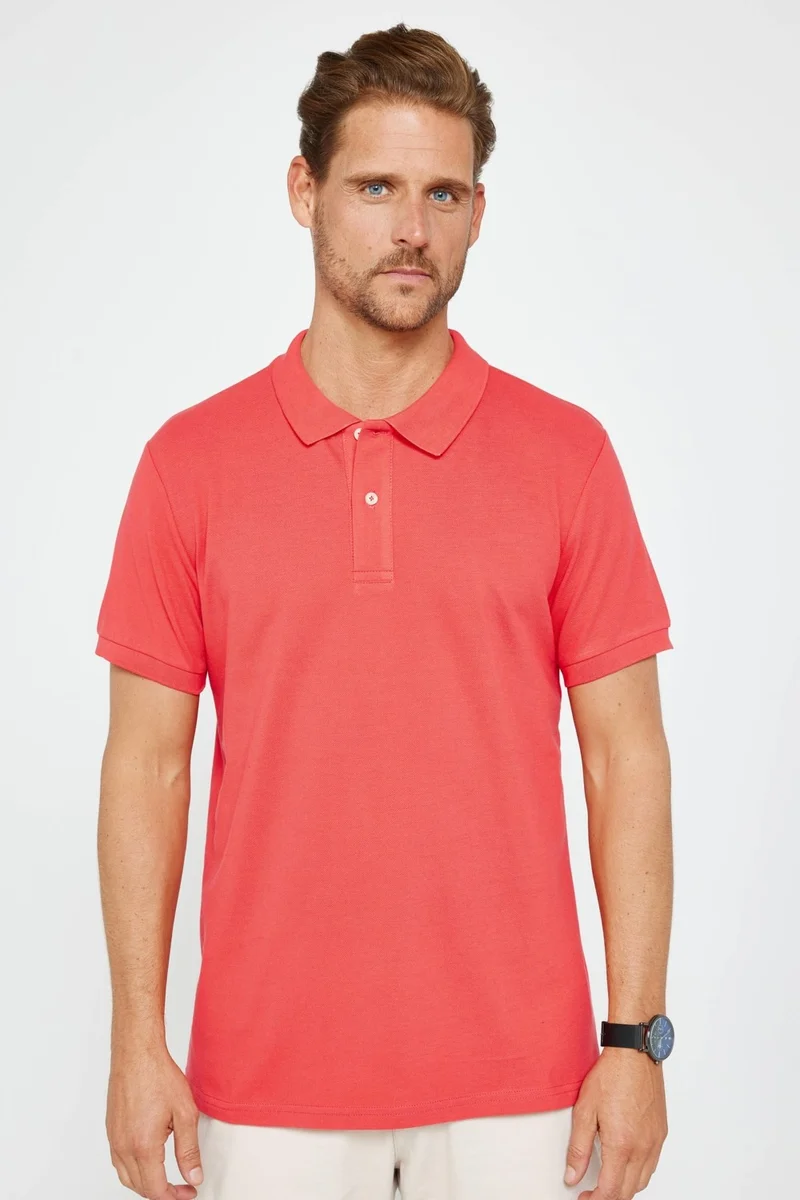 Tudors Men's Slim Fit Narrow Cut Cotton Plain Pique Pomegranate Color Polo Collar T-Shirt