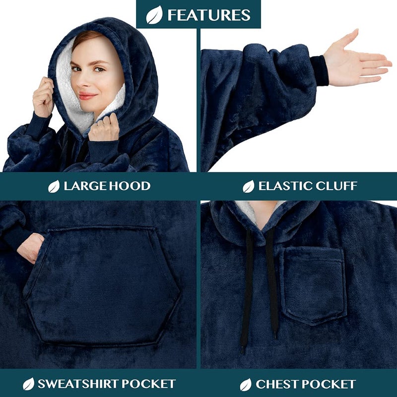 PAVILIA PAVILIA Blanket Hoodie for Women Navy  Sherpa Wearable Blanket Men  Cozy Oversized Sweatshirt Blanket  Warm Fleece Hooded Blanket Sweater with Sleeves and Giant Pocket  Navy Blue - Image 3