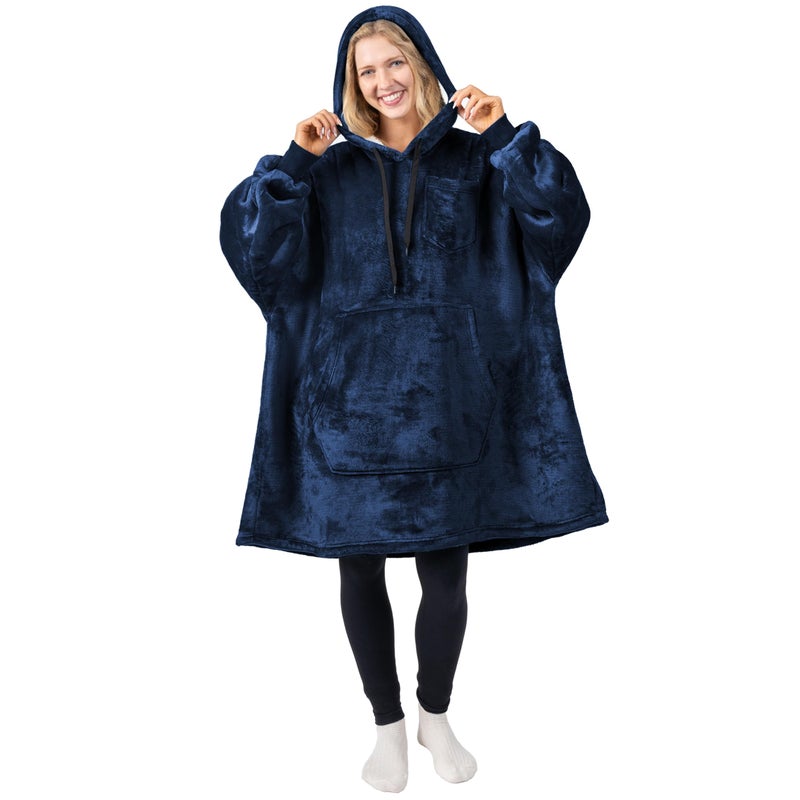 PAVILIA PAVILIA Blanket Hoodie for Women Navy  Sherpa Wearable Blanket Men  Cozy Oversized Sweatshirt Blanket  Warm Fleece Hooded Blanket Sweater with Sleeves and Giant Pocket  Navy Blue - Image 2