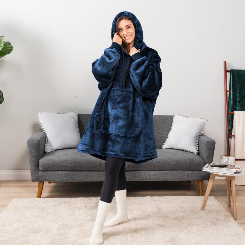 PAVILIA PAVILIA Blanket Hoodie for Women Navy  Sherpa Wearable Blanket Men  Cozy Oversized Sweatshirt Blanket  Warm Fleece Hooded Blanket Sweater with Sleeves and Giant Pocket  Navy Blue - Image 4