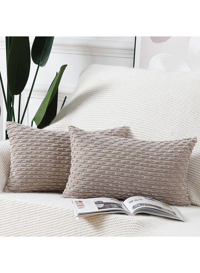 MADIZZ Pack of 2 Boho Striped Corduroy Throw Pillow Covers 12x20 Inch Taupe Soft Decorative Cushion Cover for Bedroom Sofa Pillow Shell - Image 1