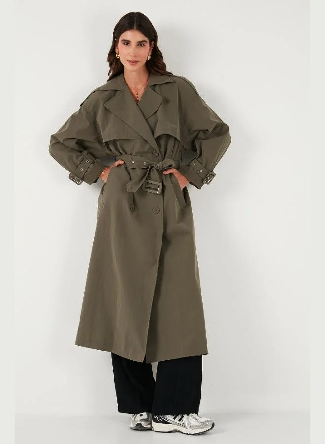 Lela Lela Cotton Oversize Double-Breasted Trench Coat with Sleeve Epaulets and Windbreaker for Women 6839637