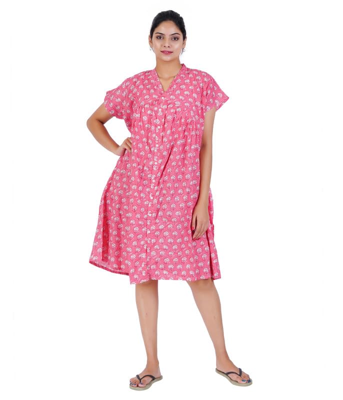 MENMAII Women's Pleated/AliaCut (L to 4XL)- Front Open/Button Down/Maternity/Feeding/Elderly/Hospital Use Short Length Dress - [LightPink-3XL] - Image 1