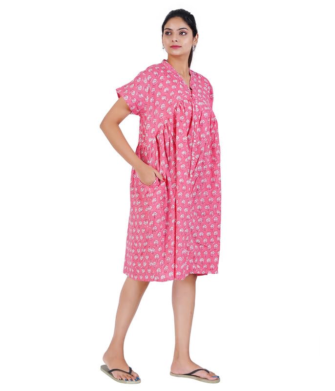 MENMAII Women's Pleated/AliaCut (L to 4XL)- Front Open/Button Down/Maternity/Feeding/Elderly/Hospital Use Short Length Dress - [LightPink-3XL] - Image 2