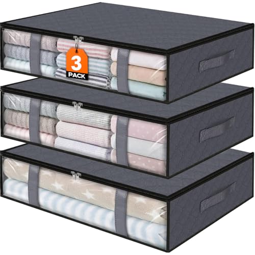 StorageRight Under Bed Storage Bins, 3-Pack 40L Foldable Fabric Storage Bags with Transparent Window, Breathable Organizer for Clothes/Blanket/Comforter/Quilt, Grey - Image 1