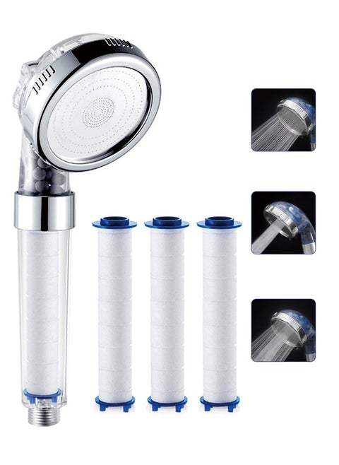 High pressure handheld shower head, water saving filter shower head, 3 modes, with 3 PP cotton filters and filter stones