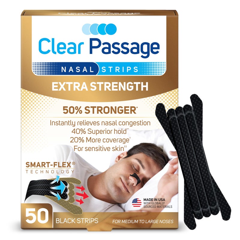 Clear Passage شرائط أنف قوية إضافية 50 قطعة، موسعات أنف للرجال والنساء، مضادة للشخير، تخفيف فوري للاحتقان بسبب البرد والحساسية، تحسن النوم، أداء أفضل، للاستخدام نهارًا وليلاً، سوداء - Image 1