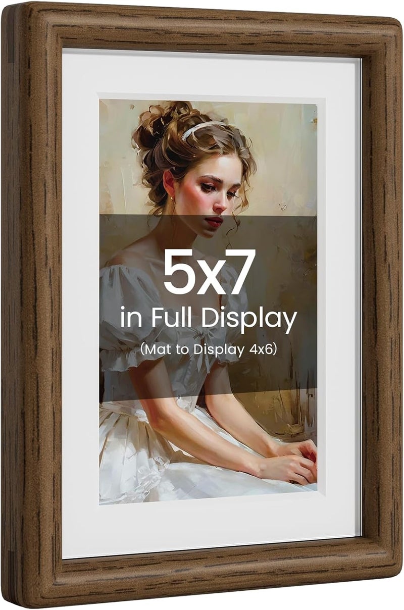Heimlove 5x7 Picture Frame Natural Oak Wood From California-USA Walnut Color Finished with Real Tempered Glass, Handcrafted 5 x 7 Photo Frame Matted to 4x6 Wedding,Family,Graduation Picture on Table & Wall - Image 1