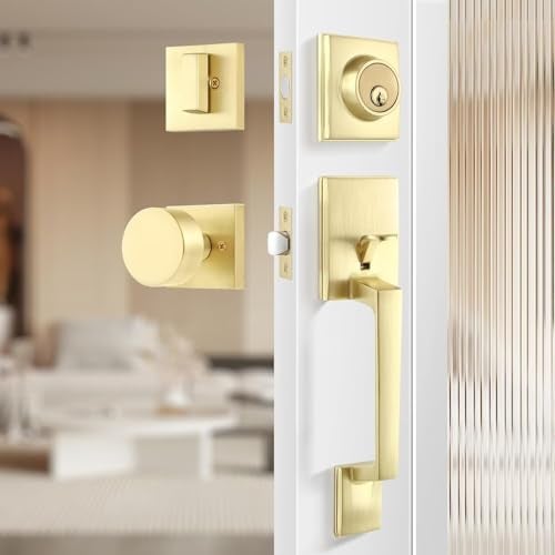 Leydebong Gold Entry Door Handle and Single Cylinder Deadbolt Lock and Key All Keyed Different Brass Front Door Lock Set Heavy Duty Square Locking Lever Set Exterior Door Handle - Image 1