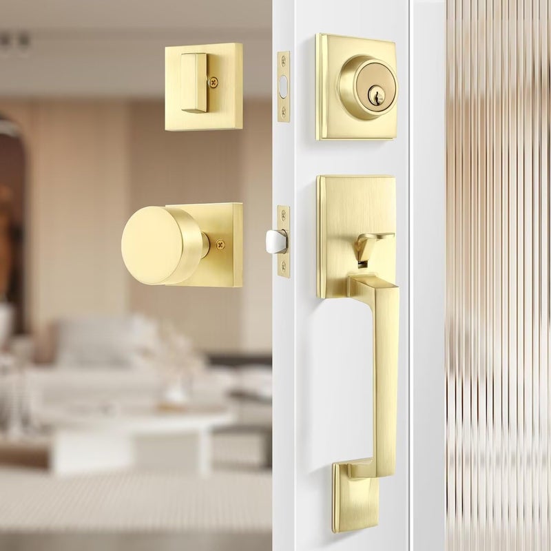 Leydebong Gold Entry Door Handle and Single Cylinder Deadbolt Lock and Key All Keyed Different Brass Front Door Lock Set Heavy Duty Square Locking Lever Set Exterior Door Handle - Image 2