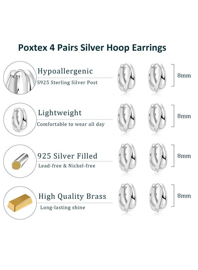 Poxtex Small Sterling Silver Huggie Hoop Earrings Set for Women, Chunky Earrings for Mulpitle Piercing Hypoallergenic Trendy Jewelry, Dainty Cartilage Earrings for Women's Gifts 4 Pairs 10/10/10/10mm - Image 3