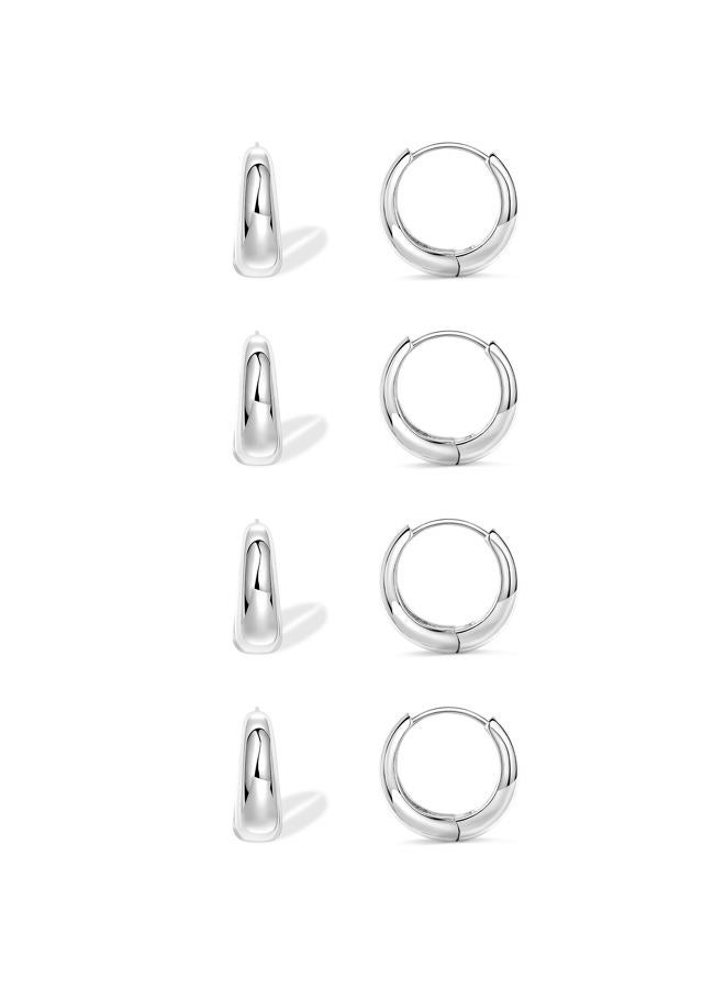 Poxtex Small Sterling Silver Huggie Hoop Earrings Set for Women, Chunky Earrings for Mulpitle Piercing Hypoallergenic Trendy Jewelry, Dainty Cartilage Earrings for Women's Gifts 4 Pairs 10/10/10/10mm - Image 1