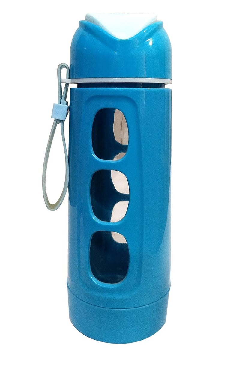Lemon Tree Transparent Glass Water Bottle with Plastic Sleeve Cover Airtight lidLeak ProofBPA free Rust Proof Glass Bottle For Home Office TravelGym Bottle 400ml Blue - Image 1