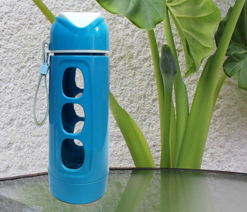 Lemon Tree Transparent Glass Water Bottle with Plastic Sleeve Cover Airtight lidLeak ProofBPA free Rust Proof Glass Bottle For Home Office TravelGym Bottle 400ml Blue - Image 3