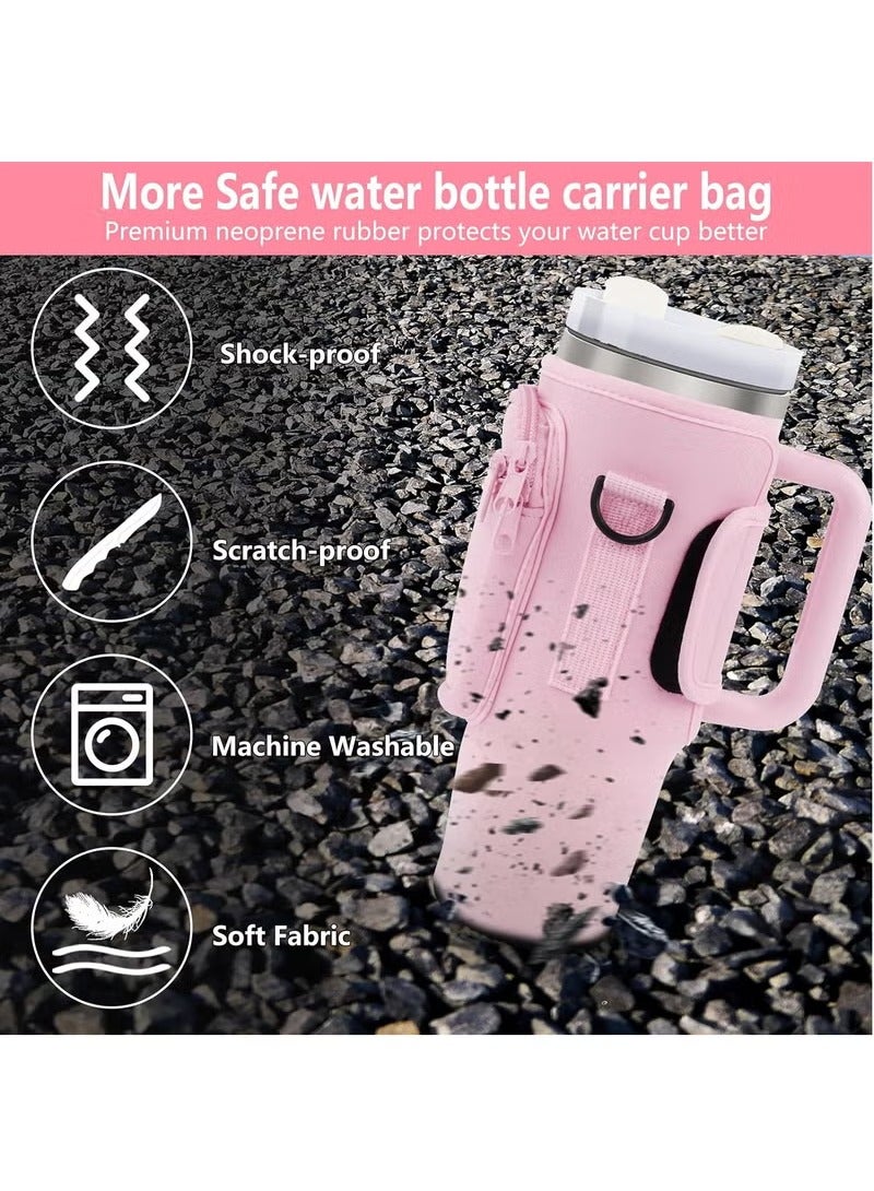 Water Bottle Carrier Bag for Stanley 40oz Tumbler, Water Bottle Holder with Pouch and Adjustable Strap, Sleeve Accessories with Pocket for 40oz Cup (Pink) - Image 4