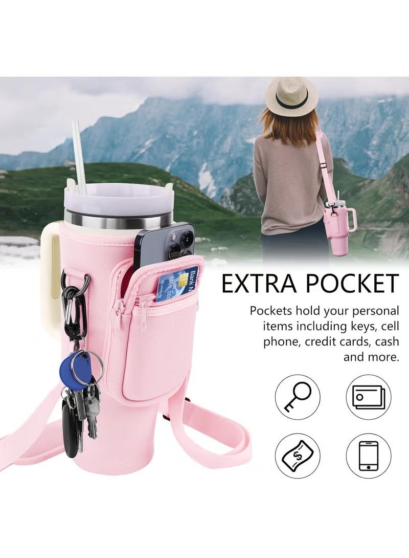 Water Bottle Carrier Bag for Stanley 40oz Tumbler, Water Bottle Holder with Pouch and Adjustable Strap, Sleeve Accessories with Pocket for 40oz Cup (Pink) - Image 5