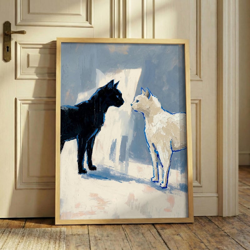 TNESSENTIAL Abstract Cat Print – Black And White Feline Art, Minimalist Pet Poster, Impasto Animal Decor, Modern Couple Gift, Moody Blue Wall Art - Image 5