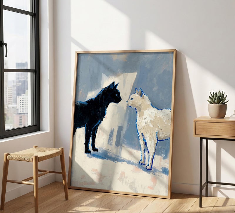 TNESSENTIAL Abstract Cat Print – Black And White Feline Art, Minimalist Pet Poster, Impasto Animal Decor, Modern Couple Gift, Moody Blue Wall Art - Image 4