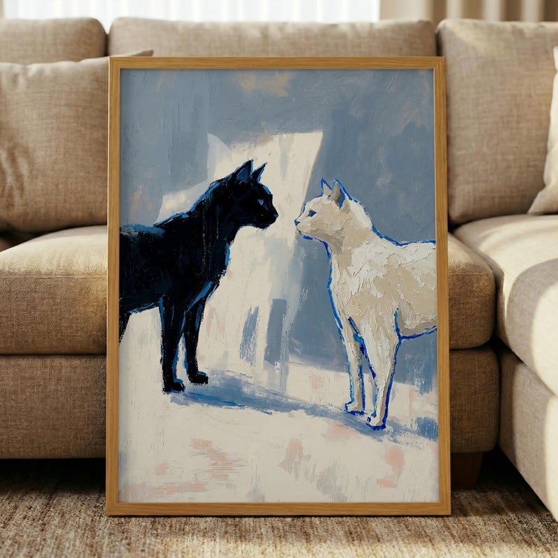 TNESSENTIAL Abstract Cat Print – Black And White Feline Art, Minimalist Pet Poster, Impasto Animal Decor, Modern Couple Gift, Moody Blue Wall Art - Image 1