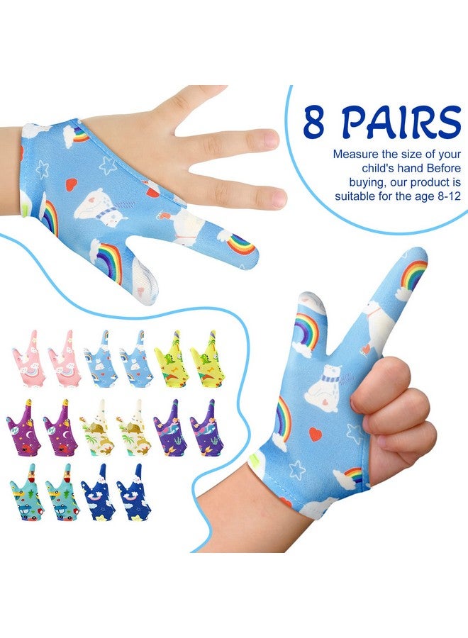 Janmercy 16 Pcs Thumb Sucking Stop for Kids Chewy Gloves Stop Breathable Thumb Guard for Nail Biting Gloves Cute Finger Sucking Stopper for Kids, 8 Style, 2 Finger(3-6 Years) - Image 5