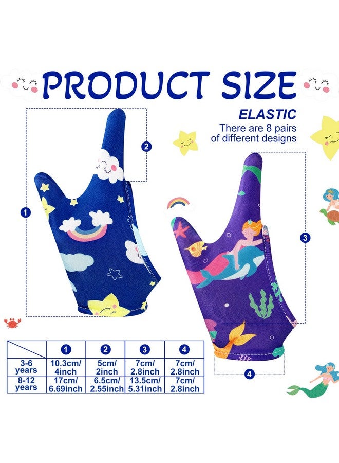 Janmercy 16 Pcs Thumb Sucking Stop for Kids Chewy Gloves Stop Breathable Thumb Guard for Nail Biting Gloves Cute Finger Sucking Stopper for Kids, 8 Style, 2 Finger(3-6 Years) - Image 2