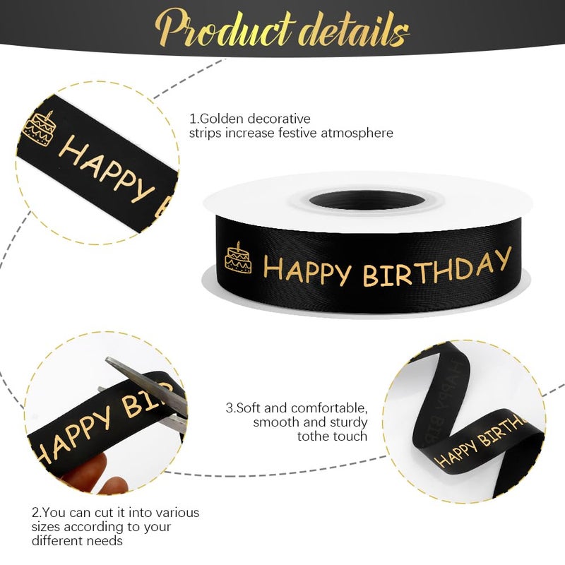STARKET 25 Yards Happy Birthday Ribbon for Flower Bouquet Black 1 Inch Black Ribbon for Gift Wrapping Birthday Ribbons with Gold Printed for Decor Bow for Cake - Image 3