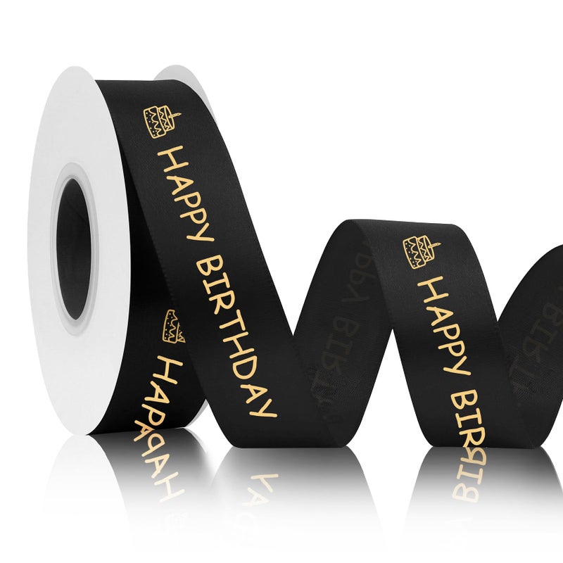 STARKET 25 Yards Happy Birthday Ribbon for Flower Bouquet Black 1 Inch Black Ribbon for Gift Wrapping Birthday Ribbons with Gold Printed for Decor Bow for Cake - Image 1