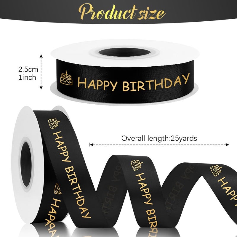 STARKET 25 Yards Happy Birthday Ribbon for Flower Bouquet Black 1 Inch Black Ribbon for Gift Wrapping Birthday Ribbons with Gold Printed for Decor Bow for Cake - Image 2